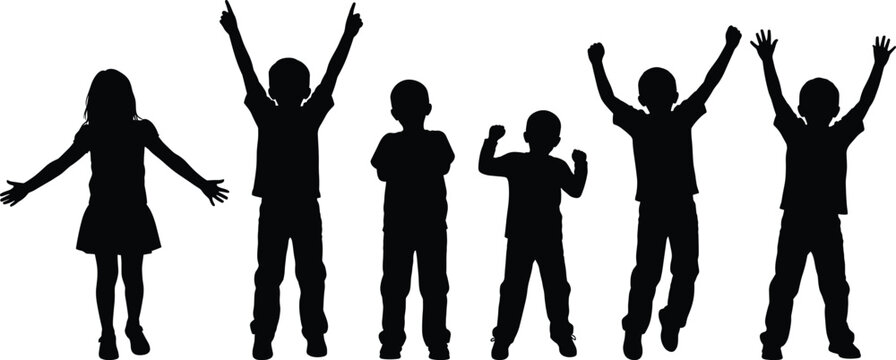 Black silhouette vector set of children standing in various playful poses with raised arms, expressing joy, fun, and childhood energy