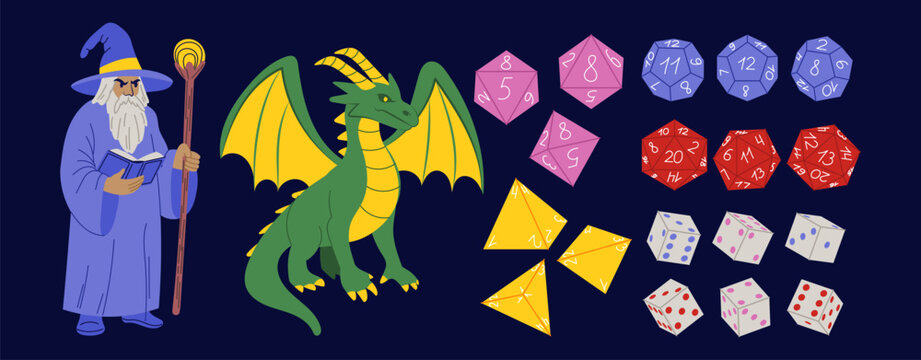 Fantasy RPG. Polygonal dices. Geometric future game pieces with luck chance. Dino numbers. Merlin wizard and dragon warrior. Magic battle. Board gaming elements set. Vector garish fairytale adventures
