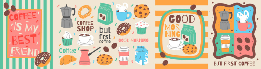 Coffee icon. Cafe drink and pastry. Caffeine beverage pot. Cappuccino cup. Croissant and cake. Kitchen decor. Poster with Arabica beans. Coffeehouse postcards. Vector garish cafeteria elements set