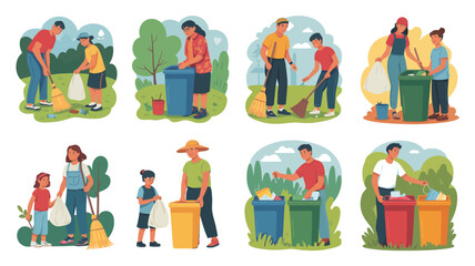 Families and children cleaning up parks and recycling together