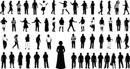 Black silhouette vector set of diverse people in various standing, walking, talking, and interacting poses for design, art, and reference
