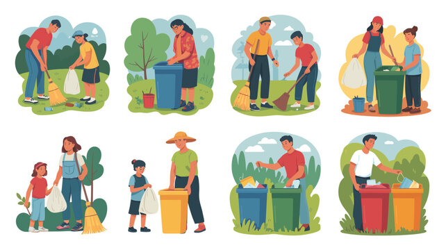 Families and children cleaning up parks and recycling together - Powered by Adobe