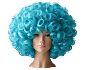 Pastel blue afro wig hair element, photorealistic mannequin head with soft curly synthetic hairstyle, vibrant and playful, isolated on transparency background