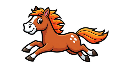 Fototapeta premium A cheerful brown cartoon pony with a vibrant orange mane and tail gallops happily on a white background.