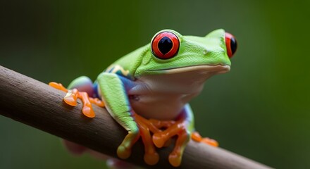 Red-Eyed Tree Frog Perched on Branch, Vibrant Colors and Detailed Skin Texture