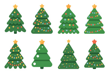 Collection of eight decorated christmas trees with stars and lights