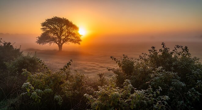 Sunrise over misty field with lone tree.