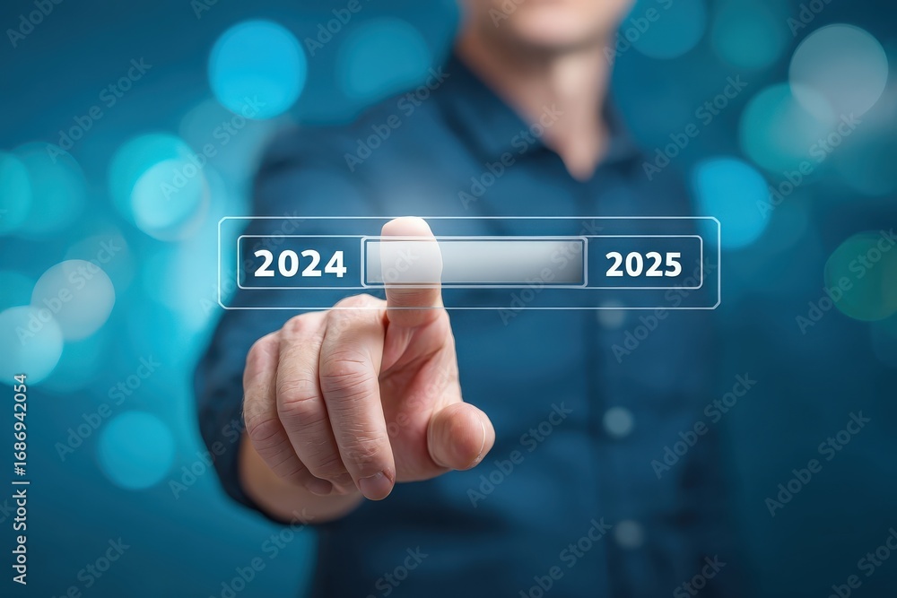 Aufkleber a person interacts with a digital interface showing a date selection between 2024 and 2025, suggesti