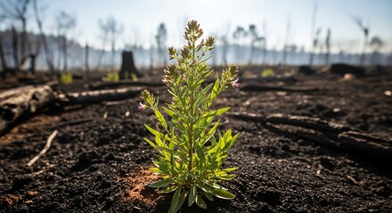 Resilient Plant Emerging From Burned Forest, Symbolizing Hope and Renewal.