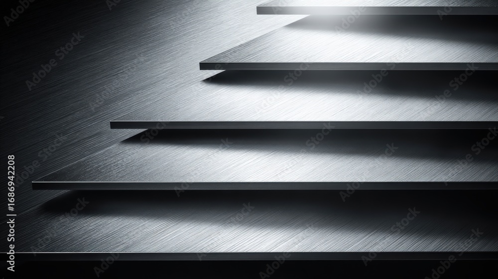 Poster a close-up view of sleek, metallic surfaces creating a dynamic interplay of light and shadow, evokin