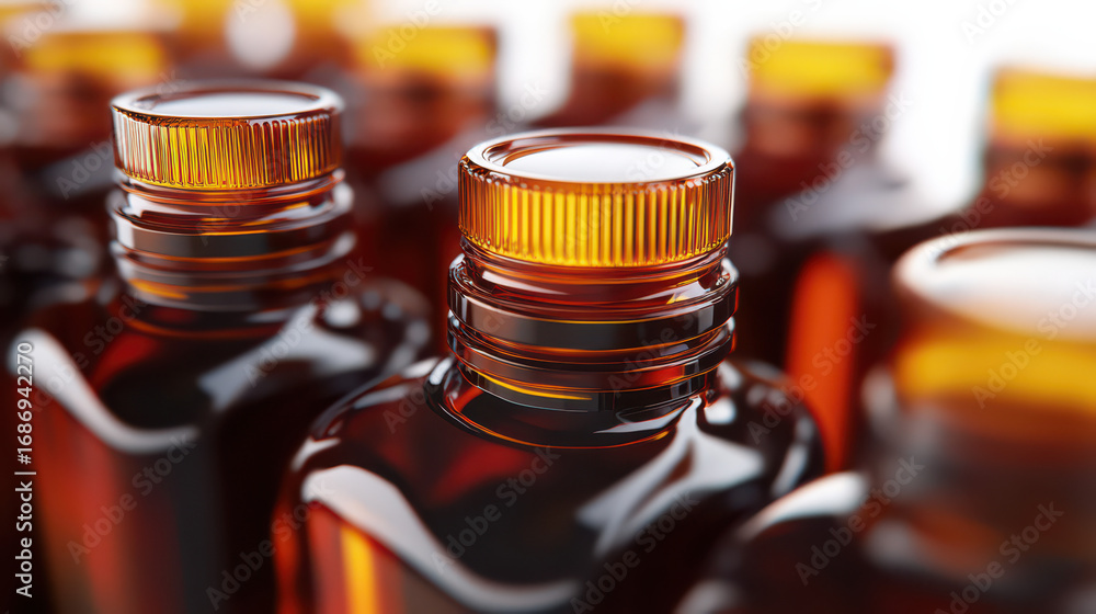Aufkleber amber bottles close-up: a macro shot of a row of amber-colored bottles, with their golden caps in sh