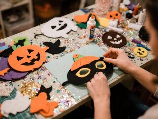 A halloween craft felt pumpkin mask glitter glue table handmade decoration creative autumn spooky party orange black white child fun seasonal art diy festive celebration scissors supplies colorful