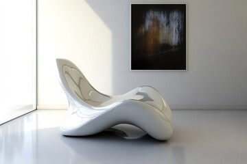 White futuristic chair standing in a bright modern living room with a painting hanging on the wall