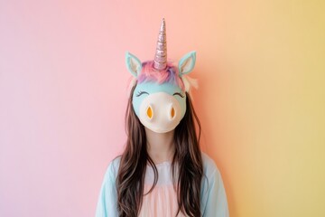 Girl with long brown hair wearing a whimsical unicorn mask, striking a playful pose against a vibrant, colorful gradient background