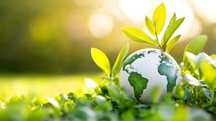 Eco-Harmony: A symbol of global environmental harmony, a verdant seedling sprouts from a miniature globe, set in a vibrant green landscape and representing a hopeful future. 