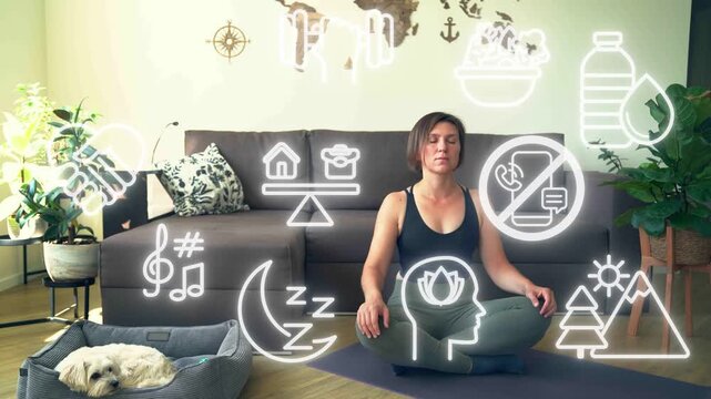 Mental health concept - female meditating in the livingroom with factors contributing to mental health in overlay