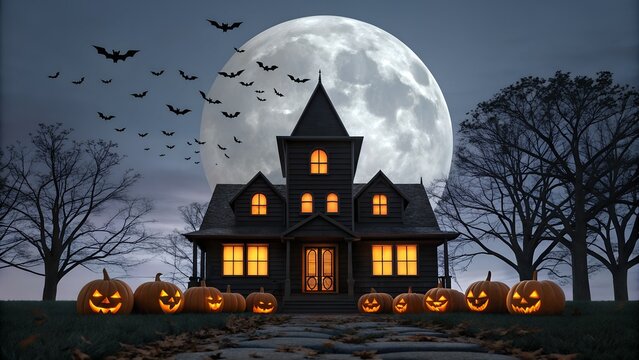 Spooky haunted mansion illuminated by a giant full moon with carved pumpkins and flying bats on halloween night