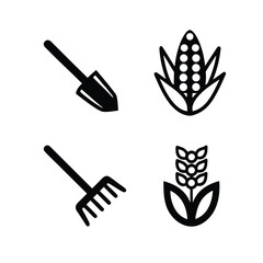 Black icons of shovel rake corn and wheat on white background agriculture
