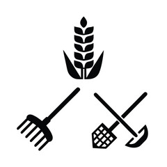 Black silhouette of wheat stalk with rake and shovel crossed agriculture farming