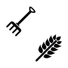 Black silhouette of a pitchfork and a wheat stalk on a white background rake tool