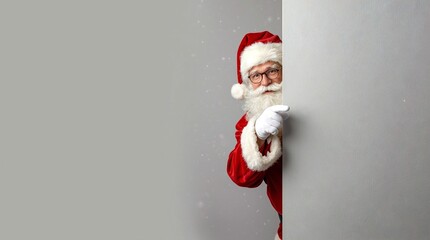 Santa Claus in red suit and hat with white beard and glasses smiling while pointing finger from behind blank wall on gray background with snow, festive Christmas holiday portrait with copy space