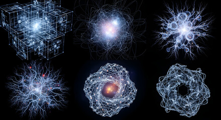 Abstract Digital Network Structures Collection with Glowing Connections on Black Background, Symbolizing AI, Data, and Technology Concepts