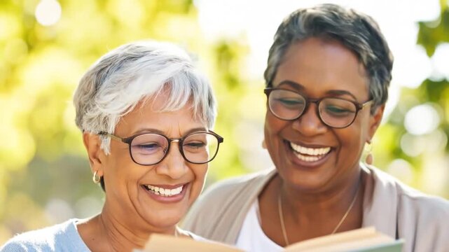 Happy seniors reading outdoors - Powered by Adobe