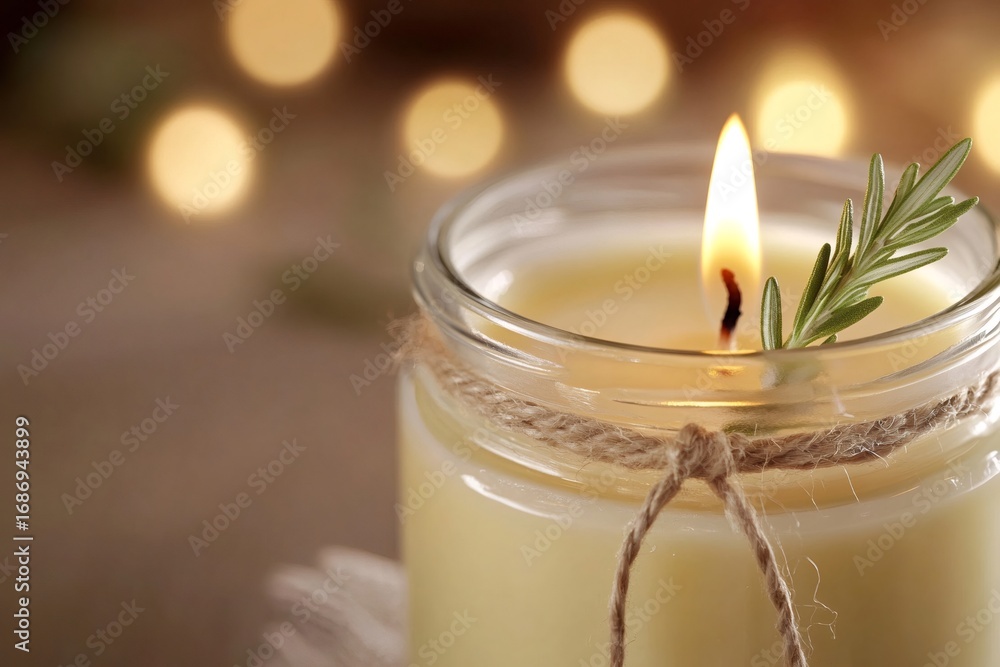 Poster close up of a burning soy candle with a sprig of rosemary, emitting a warm glow against a backdrop o