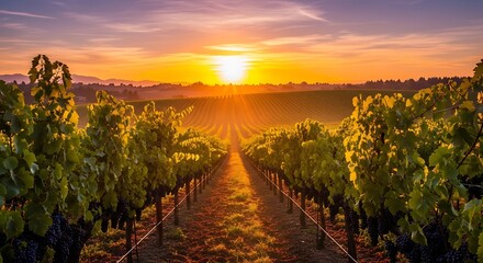 Naklejka premium Vineyard Sunset Landscape. (1)
