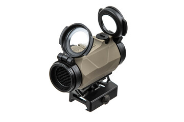 
A tactical tan-colored red dot sight with a black mount, isolated on a white back