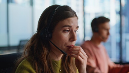 Helpful specialist guiding client portrait. Operator answering questions helping