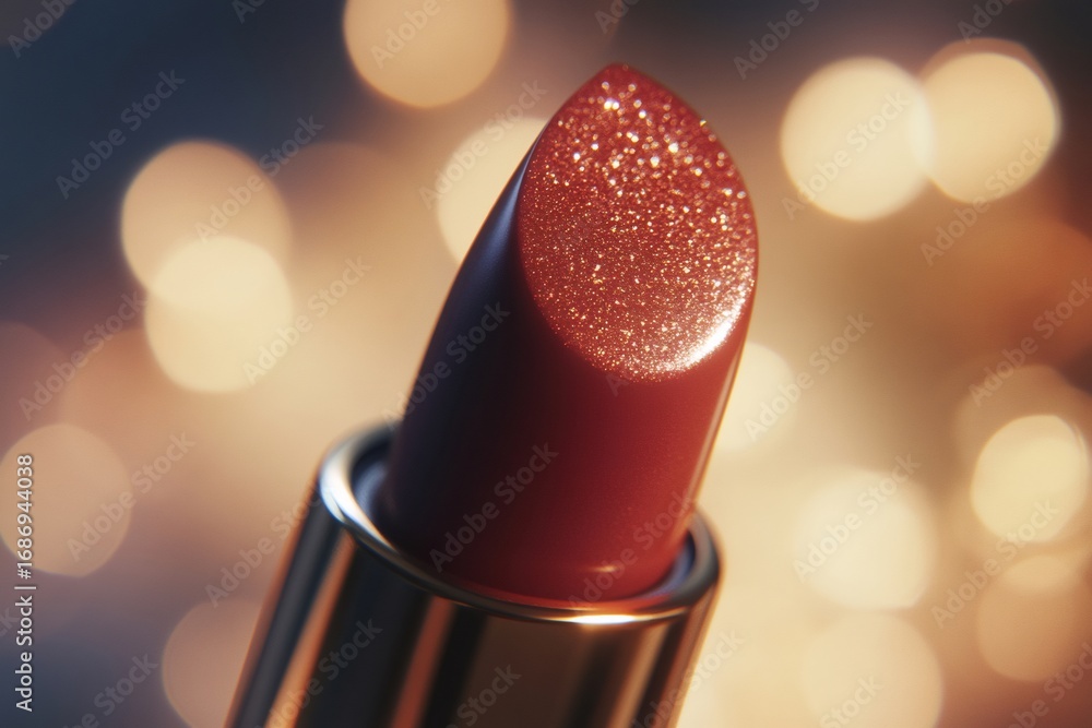Aufkleber red lipstick with glitter effect on a bokeh background, creating a glamorous and festive atmosphere