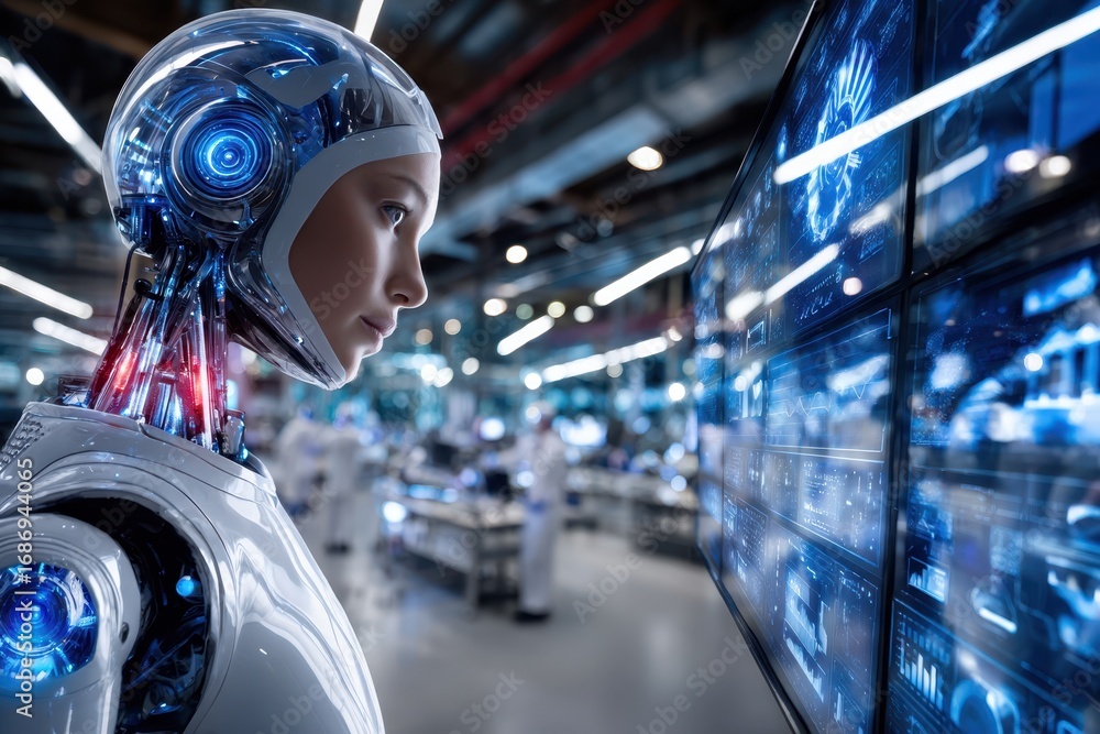 Poster advanced humanoid robot interacts with digital displays in a high-tech laboratory environment