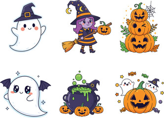 Cute Halloween ghost, witch character, pumpkin stack, spooky cauldron, cartoon bats, festive autumn illustration, kids Halloween vector, trick or treat design