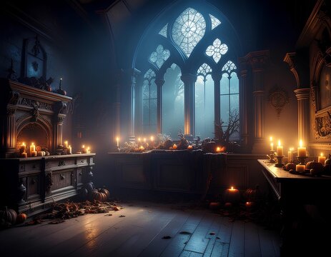A spooky, candlelit gothic room with moonlight streaming through a large arched window.