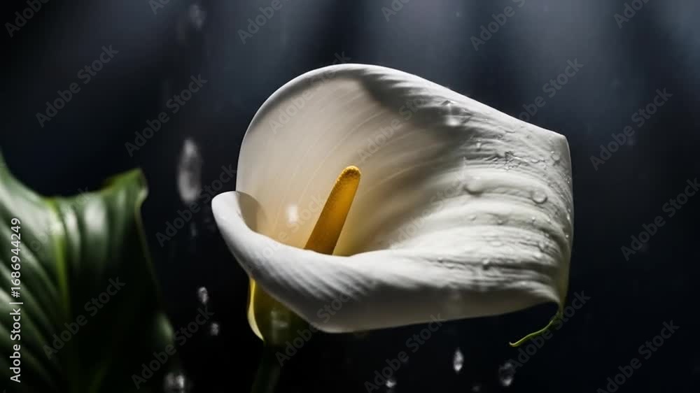 Poster close up of elegant white calla lily with yellow stamen against a dark background with subtle light 