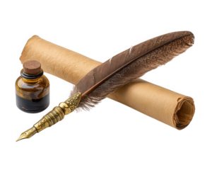 Vintage quill pen ink bottle parchment rolled paper antique writing tool feather golden detail historical classic elegant creative inspiration