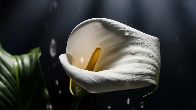 Close Up of Elegant White Calla Lily with Yellow Stamen Against a Dark Background with Subtle Light and Water Droplets Symbolizing Freshness and Beauty