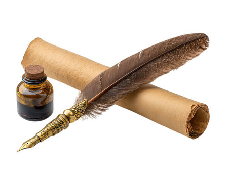 Vintage quill pen ink bottle parchment rolled paper antique writing tool feather golden detail historical classic elegant creative inspiration