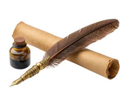 Vintage quill pen ink bottle parchment rolled paper antique writing tool feather golden detail historical classic elegant creative inspiration