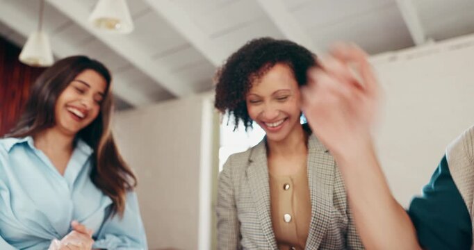 Success, high five or team in office with tablet, achievement or creative blog launch in startup. Happy, colleague or people in small business with technology, digital app or celebration together.