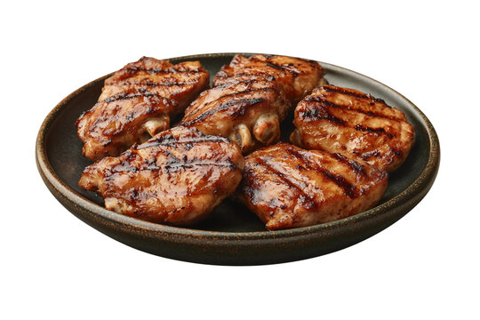 Pan-seared boneless chicken thigh with golden finish served on plate isolated on transparent background