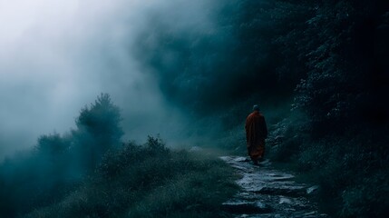 A Buddhist monk in an orange robe walks along a misty mountain path embodying solitude and spiritual contemplation in nature