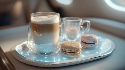 aroma coffee with desserts & bakery futuristic sci fi hologram tray serving latte with macaron in luxury airline cabin