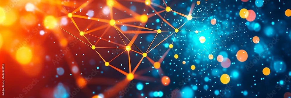 Fototapete futuristic technology grid with dynamic network connections and golden node clusters for innovation