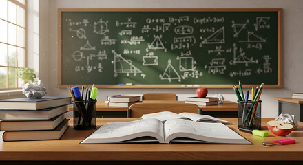 Study scene with open books, pencils, and math equations on chalkboard creating academic atmosphere
