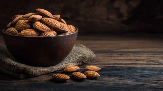 almonds in rustic wooden bowl