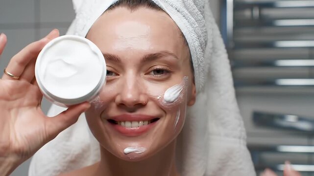 Smiling Woman Applying Cream to Face with Towel on Head in White Bathroom Relaxing Skincare Regimen for Beauty and Wellness with Radiator in Background Promoting Freshness 199 chars