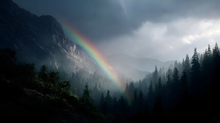 A majestic rainbow forms in a misty mountain valley after a rain shower illuminated by shafts of sunlight breaking through dramatic clouds
