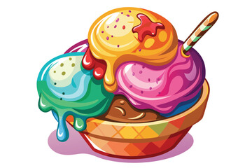 Whimsical Cartoon Ice Cream Sundae with Colorful Toppings and Chocolate Drizzle, a Treat for the Eyes and the Taste Buds